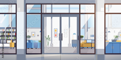 Modern interior view through glass doors into a brightly lit living space