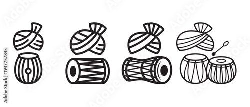 Indian Musical Instruments Collection. Dhol and Tabla with Traditional Turbans (Pagri) - Line Art Icons.