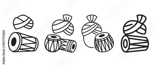 Indian Musical Instruments Collection. Dhol and Tabla with Traditional Turbans (Pagri) - Line Art Icons.