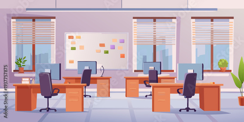 Modern office workspace with computers desks and a brainstorming whiteboard