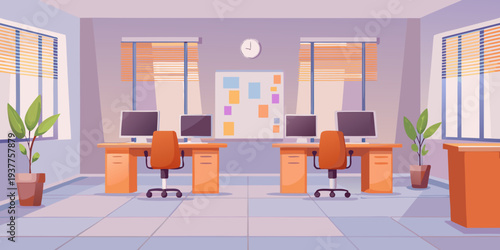 An empty office space with computers desks and natural light