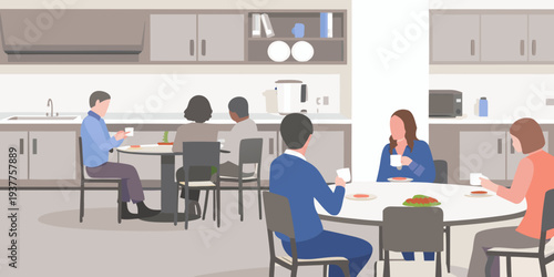 People gathered around tables in a modern brightly lit kitchen space