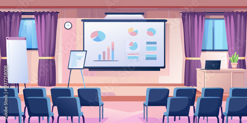 A brightly colored classroom with a presentation screen and empty chairs