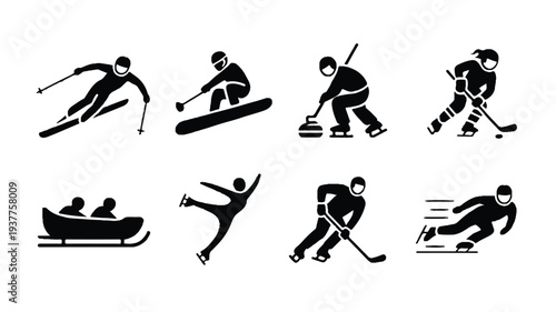 Winter sports icons including skiing snowboarding curling hockey and sledding