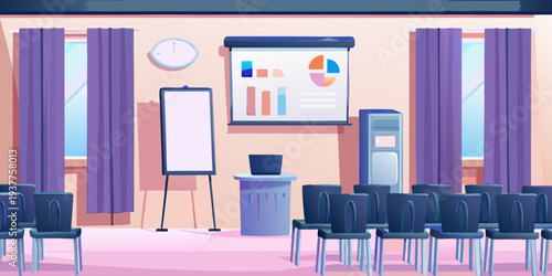 An empty conference room with a projector screen and rows of seating