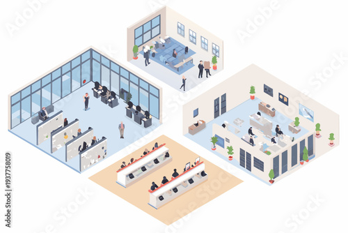Isometric illustration of a modern office space with multiple workstations