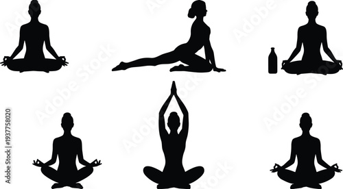 Yoga meditation woman silhouettes set, female yoga poses lotus meditation and stretching isolated on white background vector illustration