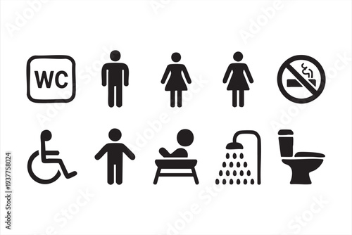 Bathroom and restroom icon set with toilet and shower symbols