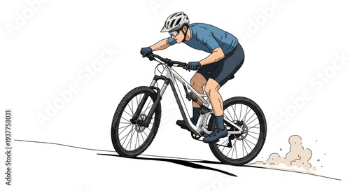 Cyclist rides down a dirt path on a mountain bike, kicking up dust, extreme sports action illustration