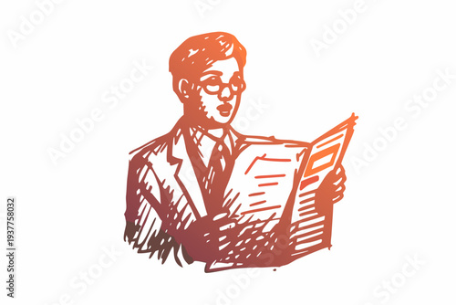 A vintage sketch depicts a man intently reading a newspaper