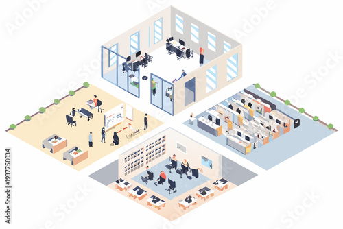 Isometric illustration of a modern open plan office workspace with employees