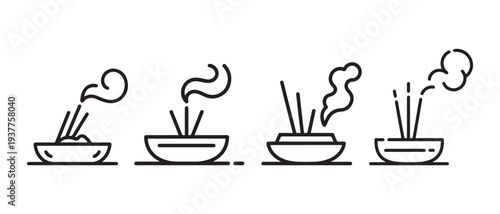 Set of minimalist line art icons representing burning incense sticks with smoke wafting upwards in simple bowls..