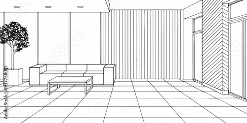 Minimalist interior scene featuring a sofa table and patterned wall design