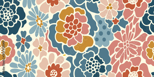 A seamless pattern of abstract colorful floral shapes on a cream background