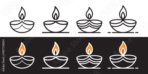 Collection of Diwali Diya Icons. Line Art and Colored Illustrations on White and Black Backgrounds.