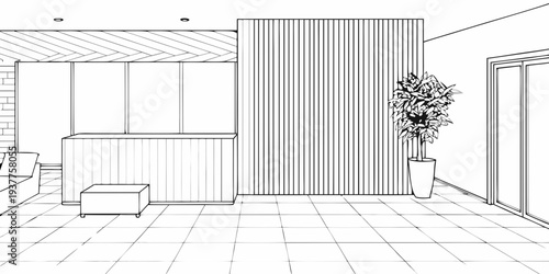 Minimalist interior design featuring a reception desk and a potted plant