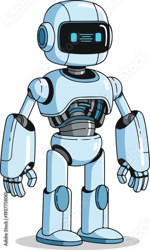 Cute robot character with blue accents on white background