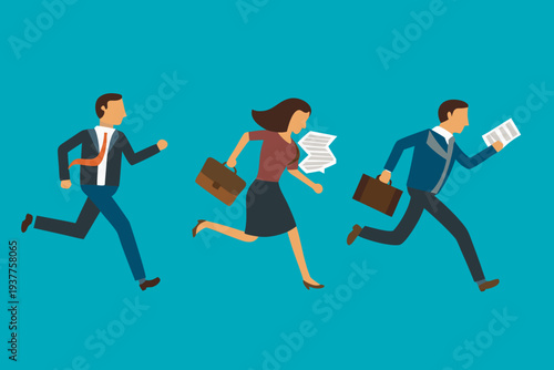 Business professionals are depicted running forward with briefcases and papers