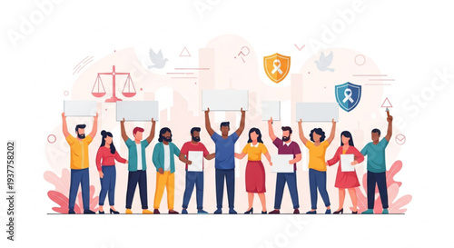 Peaceful Protest and Human Rights Concept with Diverse People, Solidarity, and Advocacy Flat Vector Illustration