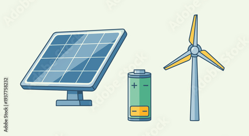 Renewable Energy Sources: Solar Panel, Battery, Wind Turbine on Light Background
