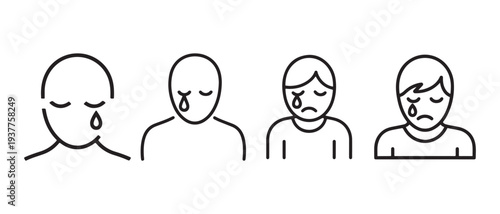 Line Art Icons Representing Sadness and Crying People in Diverse Emotional States, Symbolizing Grief and Depression.