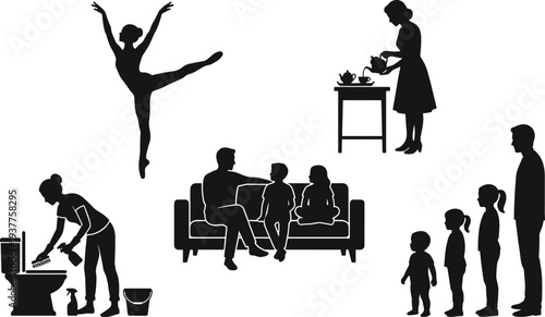 People daily life silhouette set family sitting cleaning bathroom ballet dancing tea serving and human growth stages vector illustration