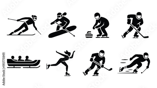 Winter sports icons with people skiing skating and sledding on white background
