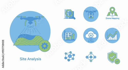 Drone Site Analysis: Technology, Mapping, AI, and Data Visualization Icons Set