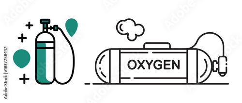 Oxygen Tanks and Cylinders, Medical Gas Supply, Respiration Therapy, Breath Support, Abstract Icons.