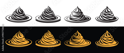 Swirl Cream Frosting Icon Set. Four stylized swirls of cream or frosting, two in black and white, two in golden yellow, isolated on white and black backgrounds.