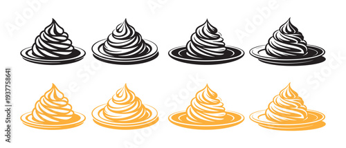 Whirlwind of Dessert Swirls. Stylized Illustration of Whipped Cream or Frosting Piles in Black and White and Golden Hues.