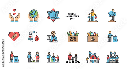 World Volunteer Day Icons: Charity, Donation, Community Service, Global Help