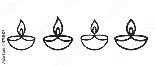 Set of stylized diya lamps with simple outline flames, representing traditional Indian oil lamps for celebration and light.