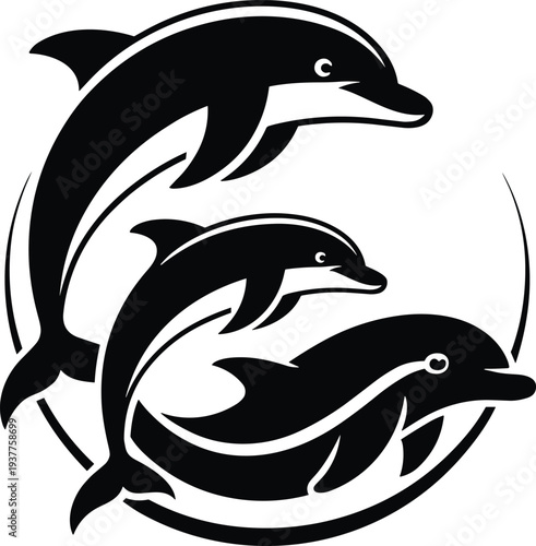 Three Dolphins in a Circular Swirl Silhouette with Abstract Lines marine mammals ocean