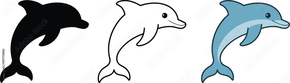 Obraz premium Three Dolphins in Black Silhouette, Outline, and Blue Color Variations animal marine