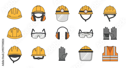 Construction Safety Gear Icons: Helmets, Gloves, Goggles, Ear Muffs, Vest