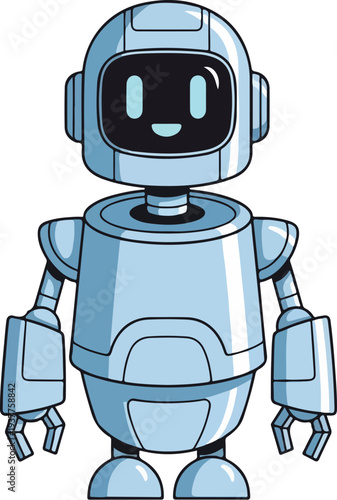 Cute robot character with smiling face and metallic body standing alone