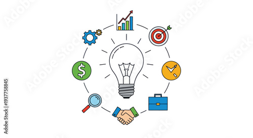 Business Idea Circle: Lightbulb, Analytics, Target, Money, Handshake, Gear