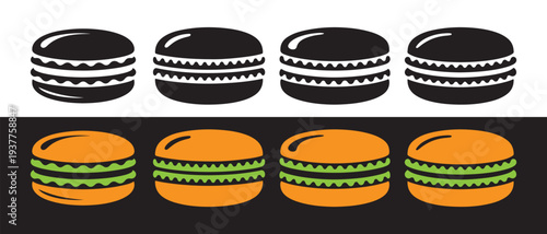 Set of Macaron Icons. Black And White Silhouettes and Orange And Green Flat Illustrations on Contrast Backgrounds.