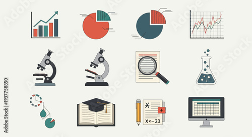 Data Analysis Icons: Charts, Graphs, Science, Education, Research, Statistics