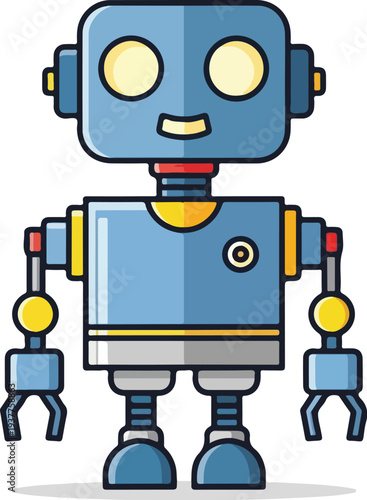 Friendly cartoon robot character with blue and yellow colors standing alone