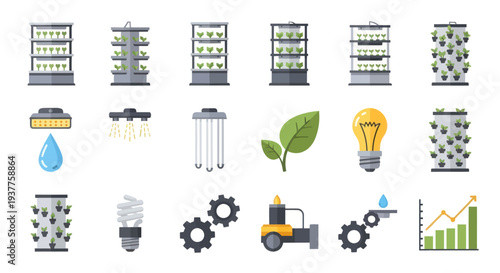 Vertical Farming Icons: Hydroponics, Technology, Agriculture, Growth & Sustainability