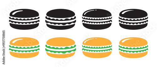 Set of Macaron Icons. Two Black and Two Yellow with Green Filling on White Background, Vector Illustration.