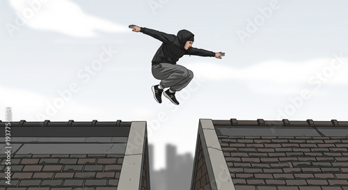 Man jumping between rooftops with outstretched arms, action shot from below on a cloudy day