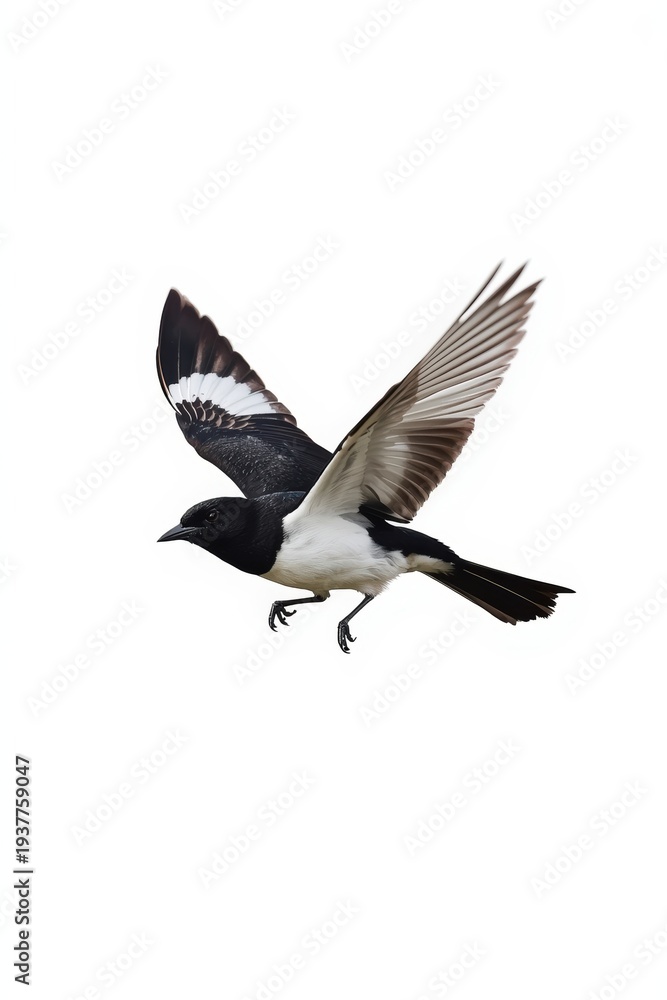 Obraz premium Flying magpie bird in mid-air