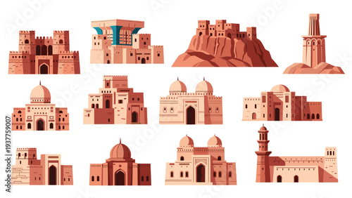 Collection of traditional desert buildings and fortresses with distinct arches and domes in a warm clay-colored artistic style.