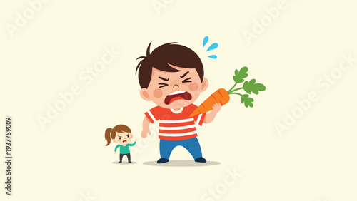 Emotional illustration of a young boy shouting while holding a carrot as a tiny frustrated girl stands next to him in protest.