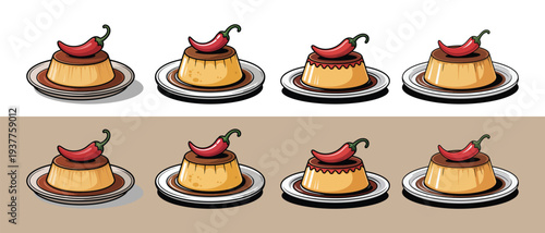 Spicy Chocolate Chili Flan Dessert. Sweet and Savory Combination, Traditional Latin American Treat, Illustrated Food Art.