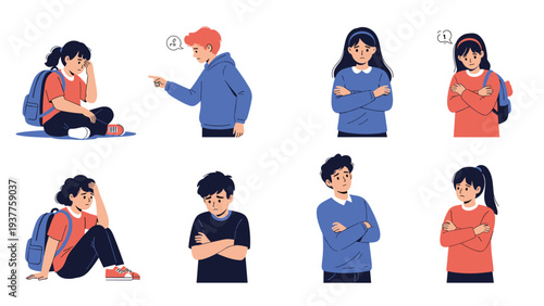 Emotional collection of diverse children expressing sadness, frustration, and loneliness through various expressive body poses.