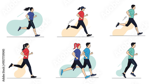 Detailed collection of male and female joggers in athletic wear running for exercise to maintain a healthy and active lifestyle.